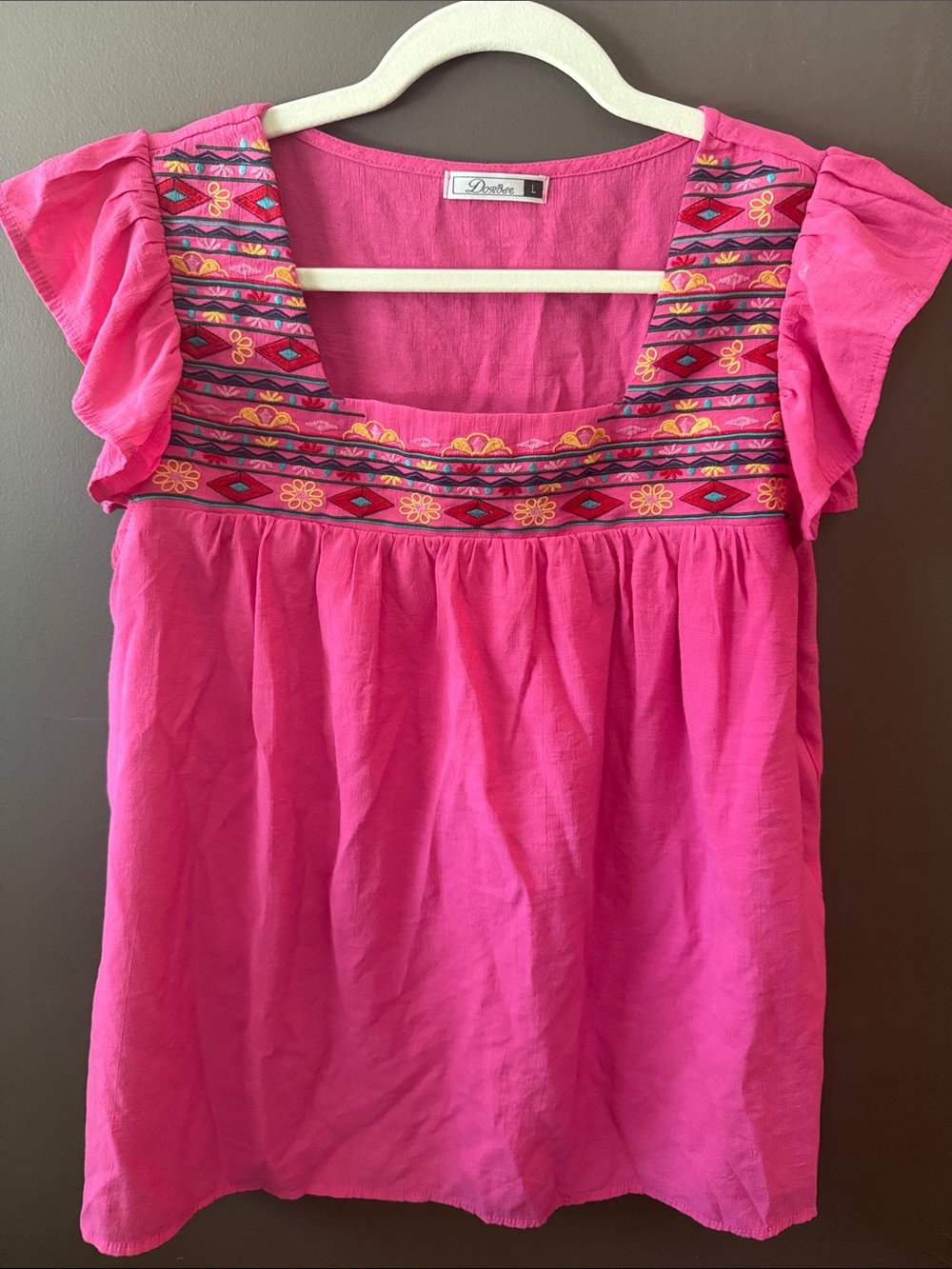 Bright Pink Embroidered Square-Neck Flutter Sleeve Top
